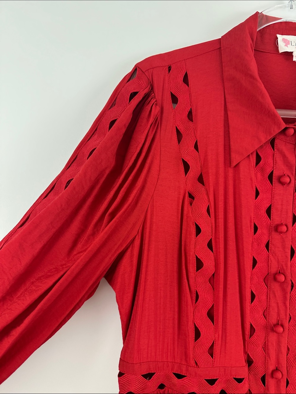 L’ATISTE Red Lace Cutout Maxi Dress 2X Long Sleeve Boho Tiered Button Front - Picture 4 of 9